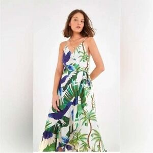 Farm Rio maxi mixed palms MED rare greens blues resortwear vacation tassel EUC